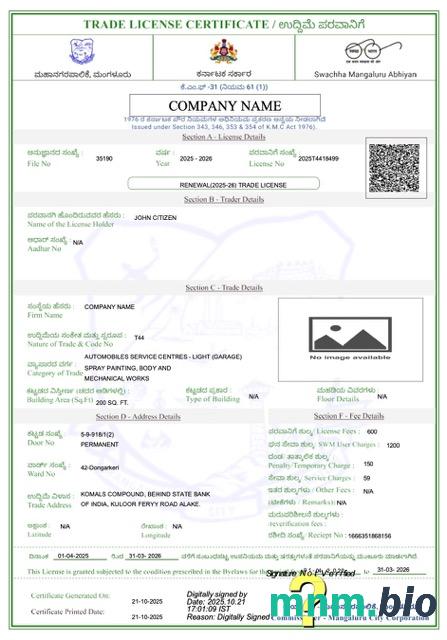 Indie Mangaluru trade license vcertyfikat Word i szablon PDF